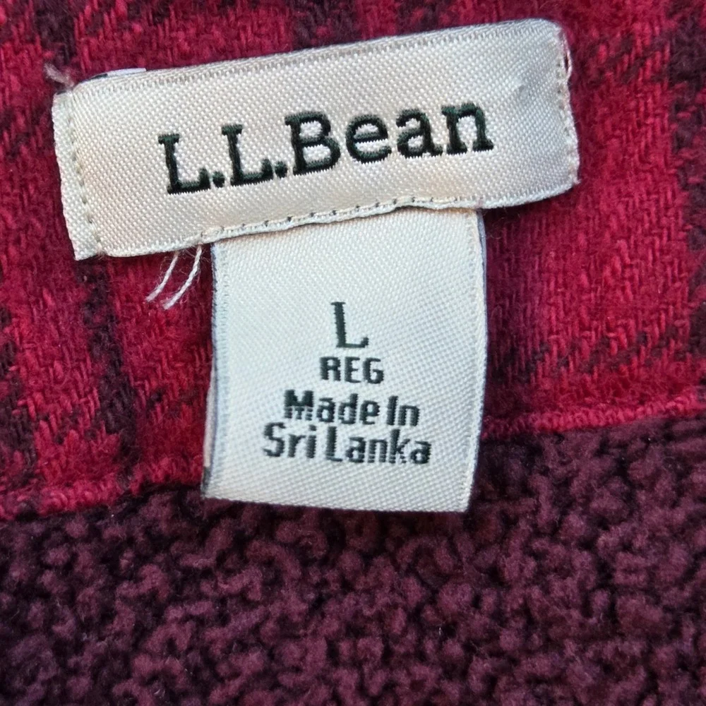 LL Bean Sherpa Lined‎ Flannel Hoodie Mens Large Red Burgundy Plaid Zip Jacket